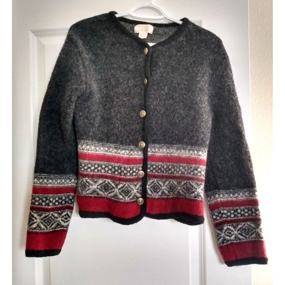 Vintage Tally Ho Women's Off-Black Gray Dark Red Wool Cardigan Sweater L